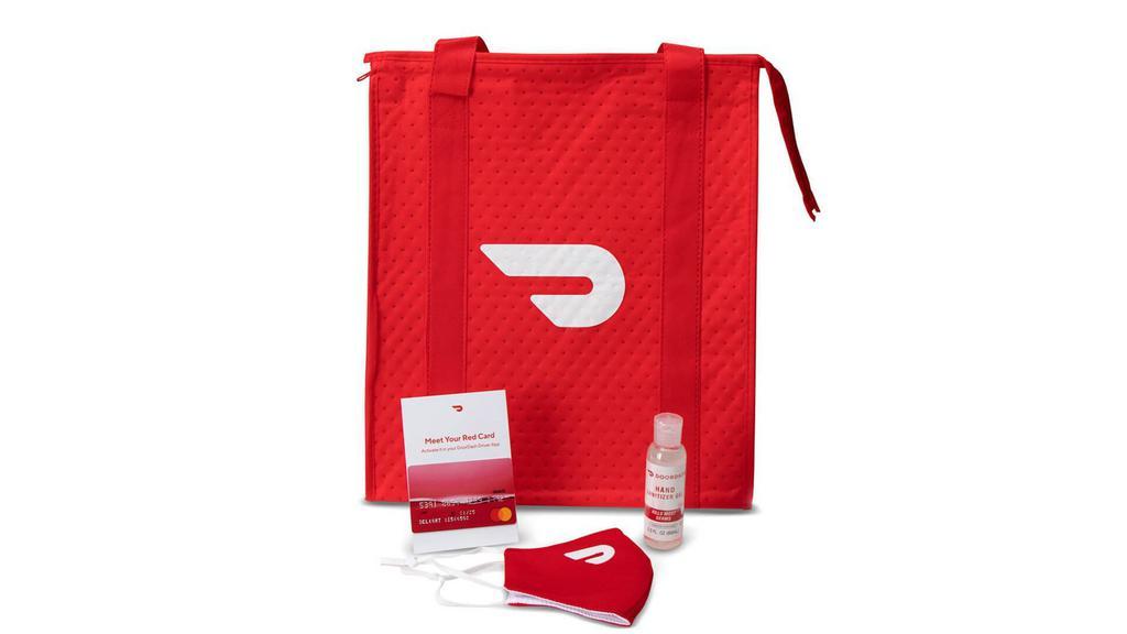 Dasher Welcome Kit · Dasher Welcome Kit including red insulated bag, Dasher red card, mask, and hand sanitizer.                                                                                                                                                                                           

*Order here before your first dash. Redeem a $10 discount for a hot bag in participating markets.  Available to newly activated dashers who haven't taken their first dash. Valid for 72 hours after activation. Offer subject to availability. To take advantage of this offer, customers must enter a valid form of accepted payment. Valid only at The Dasher Store. Only 1 offer is redeemable per user. Offer may not be sold, copied, modified, or transferred. The offer has no cash value. Void where restricted or prohibited by law. DoorDash reserves the right to modify or cancel this offer at any time. **Dasher is still eligible to receive a welcome kit after their first dash.