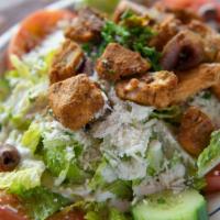 Chicken Gyro Salad · Grilled chicken breast, onion, and green pepper. Served on Greek salad with tzatziki and Fet...