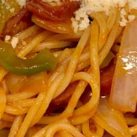 Napolitain Spaghetti  · Kurobuta Sausage, white onions,  green bell peppers with chef's special sauce and side of pa...
