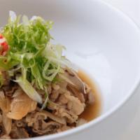 Sukiyaki · Cooked thin sliced beef, onions, shiitake mushrooms, scallions with sweet soy flavor. 5oz / ...