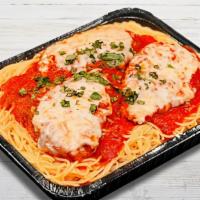 Family Spaghetti With Chicken Parmesan · Family size, feeds 4 people. 4 chicken cutlets and 2lbs spaghetti.  Served with 15 garlic kn...