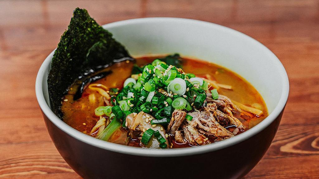 Spicy Miso · Red spicy miso, chicken and pork broth, chashu, baby bok choy, shiitake, menma, green onions, nori, chili oil, sesame.