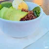 Sunrise Quinoa Bowl · Red Quinoa, Hard Boiled Egg + Avocado Atop Spinach (GF)