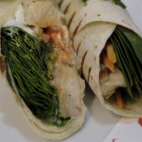 Saigon Chicken Salad Wrap · Tortilla, chicken, spinach, carrot, daikon, cilantro, and sweet & spicy sauce.