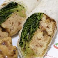 Buddha Tofu Salad Wrap (Vegan) · Tortilla, spicy lemongrass tofu, avocado, spinach, and raspberry sauce.