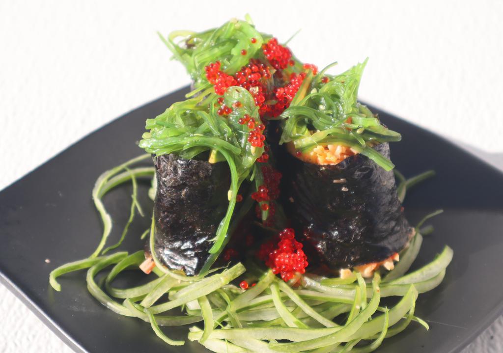 Rich Bamboo Roll (3 Pieces) · Snow crab, cucumber, avocado without rice, top; seaweed salad, tobiko.