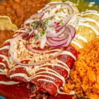 Enchiladas · Three Corn Tortillas, Mexican Cheese Blend, Sour Cream, Queso Fresco, Red Onion, Radish, Mic...