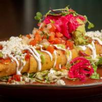 Flautas · Corn Tortillas, Seasoned Pulled Chicken, Cabbage Mix, Fresh Tomato Salsa, Tomatillo-Avocado ...