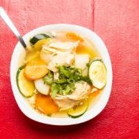 Chicken Breast Soup · Delicious chicken broth with vegetables carrots, celery, potatoes, calabacita, and chicken b...