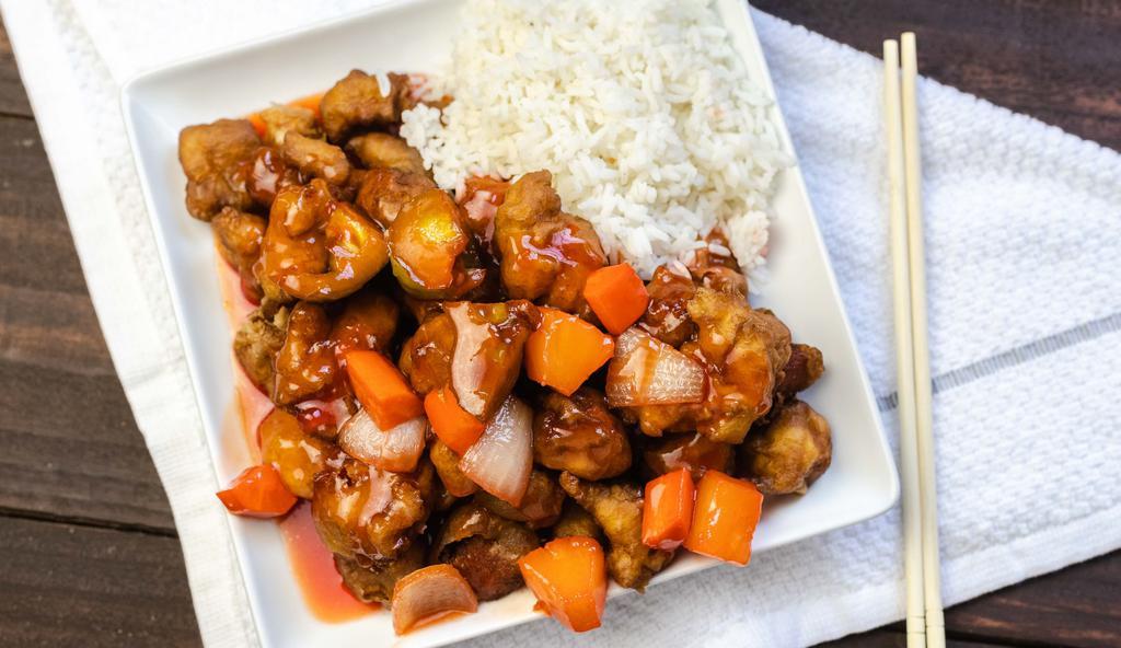 Sweet & Sour · Breaded meat of choice smothered in a sweet and tangy flavor sauce.