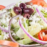 Greek Salad · Romaine lettuce tossed with cucumbers, tomatoes, onion, bell pepper, kalamata olives, and fe...