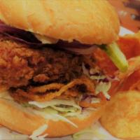 Southern Fried Chicken Sandwich · Buttermilk chicken breast with tomato, red onion, shredded cabbage, pickles, creamy mustard ...