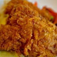 Southern Fried Chicken Dinner · Southern fried buttermilk and seasoned chicken breasts. Chicken supreme sauce, garlic masher...