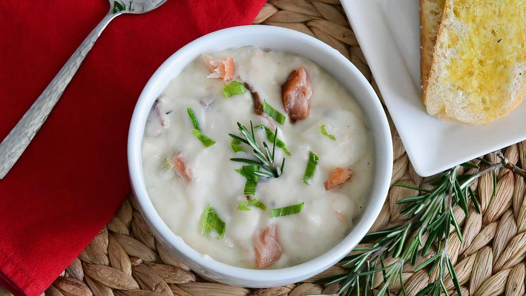 Applewood Smoked Salmon Chowder · Applewood smoked salmon in a traditional New England cream chowder is now a Traditional Oregon chowder!  Onions, celery, potatoes, cream, fresh herbs & spices