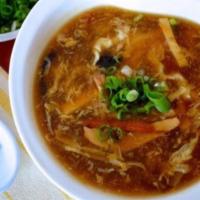 Hot & Sour Soup (Seafood Or Plain) · Hot. Bamboo shoot, tofu, mushrooms.