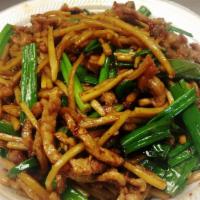 Pepper & Onion Pork · Pork strips with green onions, stir fried in a spicy brown sauce.