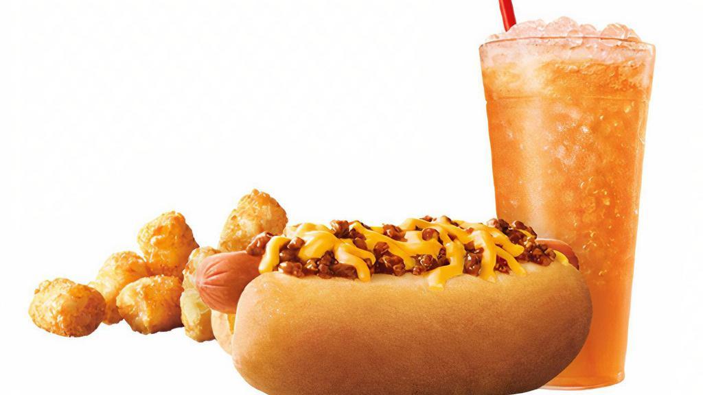 Chili Cheese Coney Combo · Want something filling that's also a great deal? Try SONIC's Premium Beef Chili Cheese Coney. A grilled beef hot dog topped with warm chili and melty cheddar cheese served in a soft, warm bakery bun. Even better with a Side and Drink included!