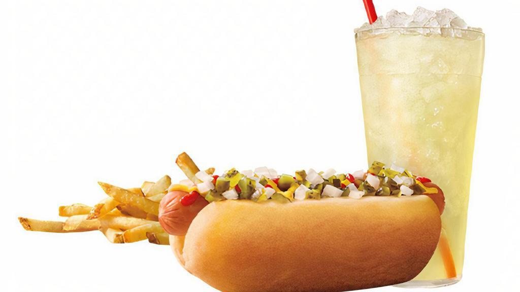 All-American Dog Combo · Take a bite out of Americana with SONIC's Premium Beef All-American Dog. It's a beef hot dog made with 100% pure beef that's grilled to perfection and topped with ketchup, yellow mustard, relish and chopped onions and served in a soft, warm bakery bun. Even better with a Side and Drink included!