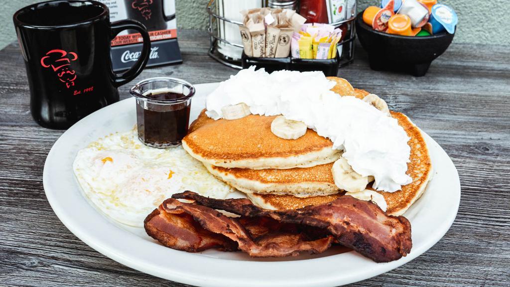 Banana Pancakes · Our premium buttermilk pancakes you know & love full of fresh banana. Topped with banana & whip cream.
