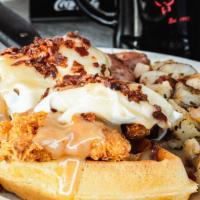 Chicken & Waffle · Choice of waffle with lightly breaded & cooked golden brown chicken tenderloins served with ...