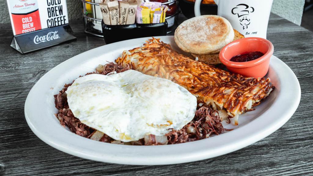 Biscuits Corned Beef Hash · Made from scratch. Corned beef brisket slow cooked until tender, shredded & tossed with potatoes & onion.
