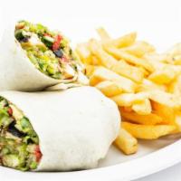 Veggie Burrito · Egg whites, bell peppers, onions, spinach, mushrooms, tomatoes & re-fried beans wrapped in a...