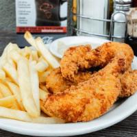 Chicken Tenderloin Platter · Breaded chicken tenderloins cooked golden brown. Served with French fries & your choice of d...