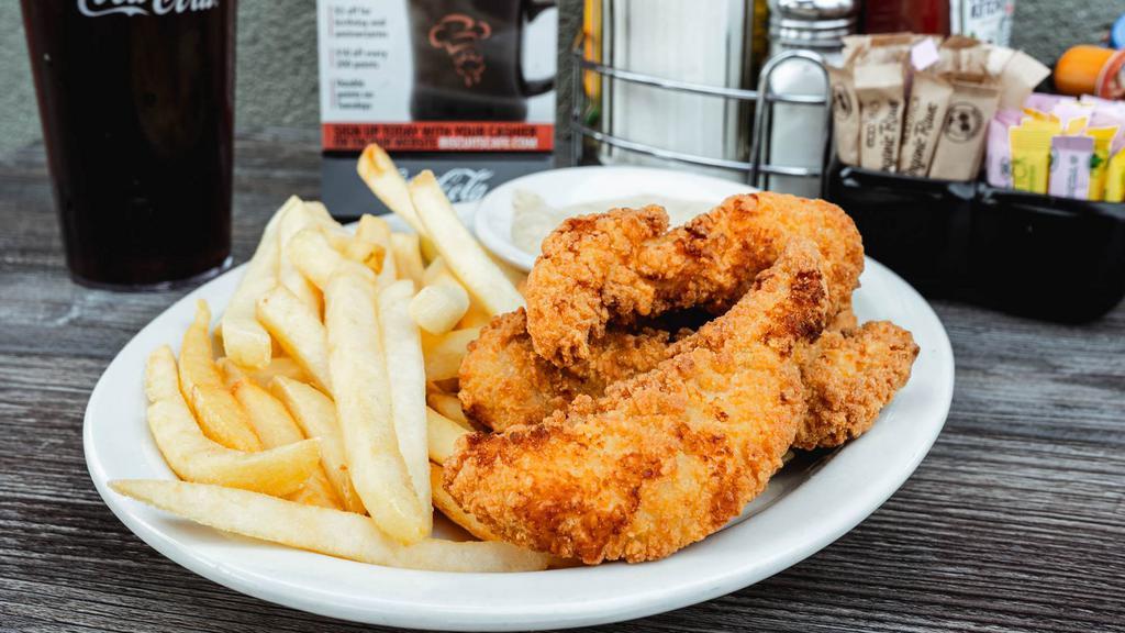 Chicken Tenderloin Platter · Breaded chicken tenderloins cooked golden brown. Served with French fries & your choice of dipping sauce: BBQ, honey mustard or ranch.