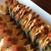 Fire Engine Roll · spicy crab, avocado, cucumber inside with seaweed wrap, spicy tuna, eel sauce, and spicy may...