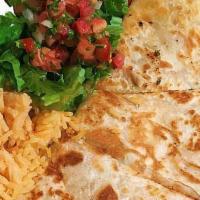 Chicken Quesadilla Adult · Flour tortilla with Monterrey Jack cheese and chicken with a side of sour cream and pico de ...