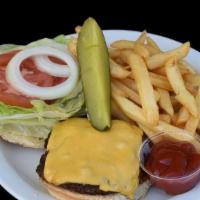 American Bacon Cheeseburger · 8 oz patty with American cheese, lettuce, tomato, onion, and a side of fries and pickle spear.