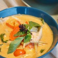 Red Curry · Spicy. Red curry paste with coconut cream, carrot, bamboo shoot, bell pepper and sweet basil.