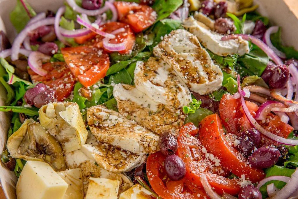 Boxed Salad · Mixed Greens, Red Onion, Kalamata Olives, Artichoke Hearts, Tomatoes, Fresh Mozzarella and Balsamic Vinaigrette