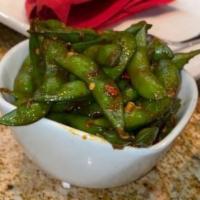Garlic Edamame · Stir fried soybean, red pepper, and garlic with soy sauce.