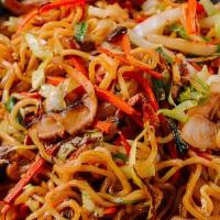 Chicken Yakisoba · Japanese egg noodle and chicken cooked with our special yakisoba sauce.