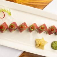 Fire Star Roll · Spicy tuna and cucumber roll topped with fresh tuna, jalapeño, and chili sauce.