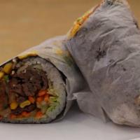 Bulgogi Burrito · Beef bulgogi, carrots, lettuce, kimchee, corn, cucumber, green onion, Korean hot sauce and w...