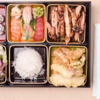 Sushi Dinner Bento · 1 Sushi Option, 1 Protein Option with rice, salad, three vegetable tempura, two prawn tempur...