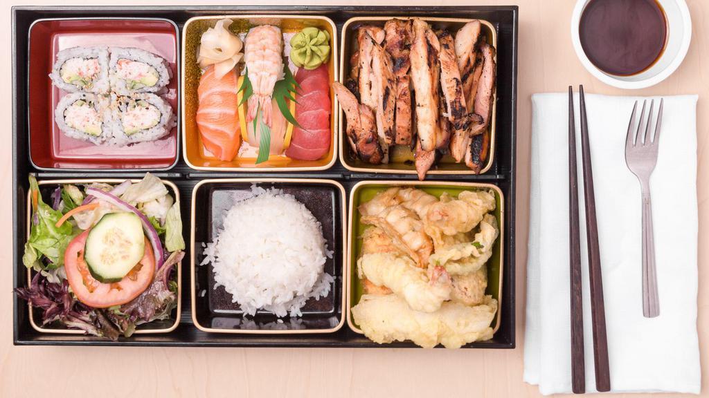 Sushi Dinner Bento · 1 Sushi Option, 1 Protein Option with rice, salad, three vegetable tempura, two prawn tempura, and 2 gyoza