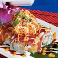 Mountain Roll · Spicy. Tempura shrimp, topped with tuna, salmon, albacore tuna, and spicy crab.