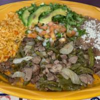Plato De Nopalitos Con Carne Asada · Our seasoned grill steak and chopped cactus leaves, served with pico de gallo, Mexican rice,...