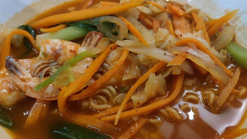 Spicy Shrimp Ramen · Korean Ramen with spicy broth, shrimp, and vegetables.