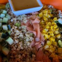 Little O'S Chopped Salad · Romaine, smoked salmon, corn, pepitas, farro, quinoa, tomato, cucumber, bleu cheese, chile l...