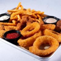 Sampler · Why have to choose a single appetizer? Enjoy a side of Six Onion Rings, Four Hush Puppies, F...