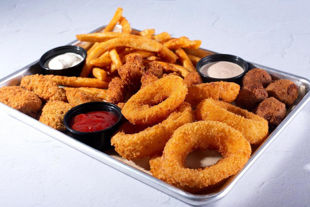 Sampler · Why have to choose a single appetizer? Enjoy a side of Six Onion Rings, Four Hush Puppies, Four Jalapeno Poppers, Spicy Cheese Curds, and Fries