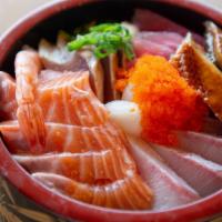 Assorted Sashimi Over Rice / Chirashi Bowl · Assorted sashimi over rice fresh salmon, tuna, yellowtail, albacore, broiled eel, scallop, s...