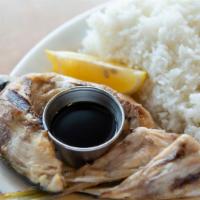 Grilled Yellow Tail Collar With Rice / Hamachi Kama · Grilled yellowtail collar with rice.
