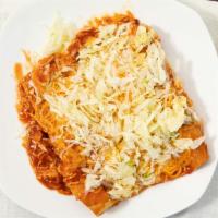 #5- 2 Enchiladas · Two cheese enchiladas served with lettuce, rice, and beans.