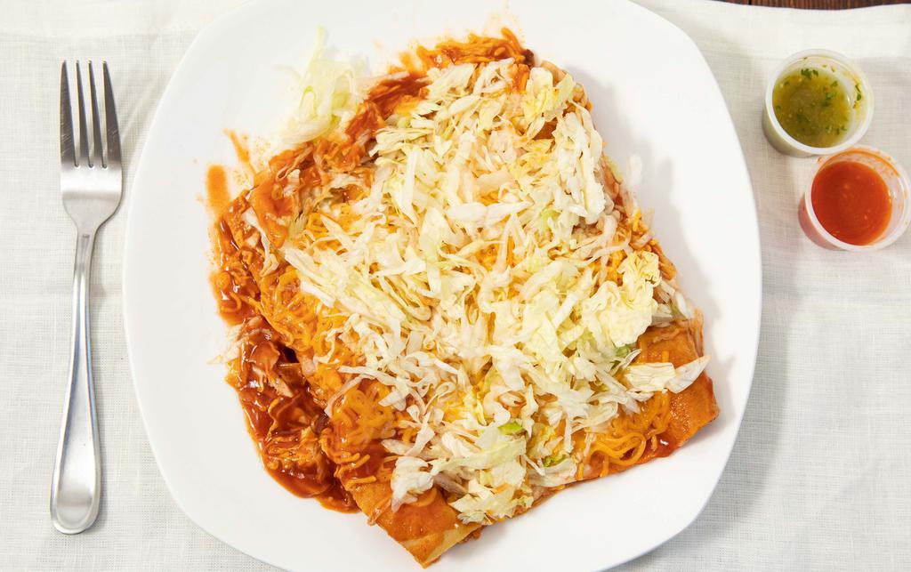 #5 Two Enchiladas · Two cheese enchiladas served with lettuce, rice, and beans.