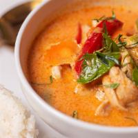 Panang Red Curry · Dairy free, gluten free. Vegan Spicy red curry paste cooked in coconut milk with carrot and ...